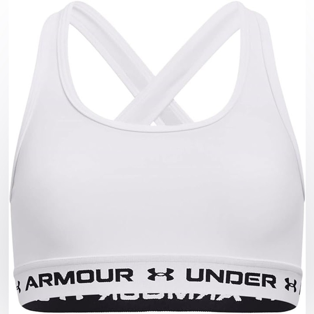 NWT - Under Armour Girls Fitted Crossback Mid Solid White Sports Bra - Size XS